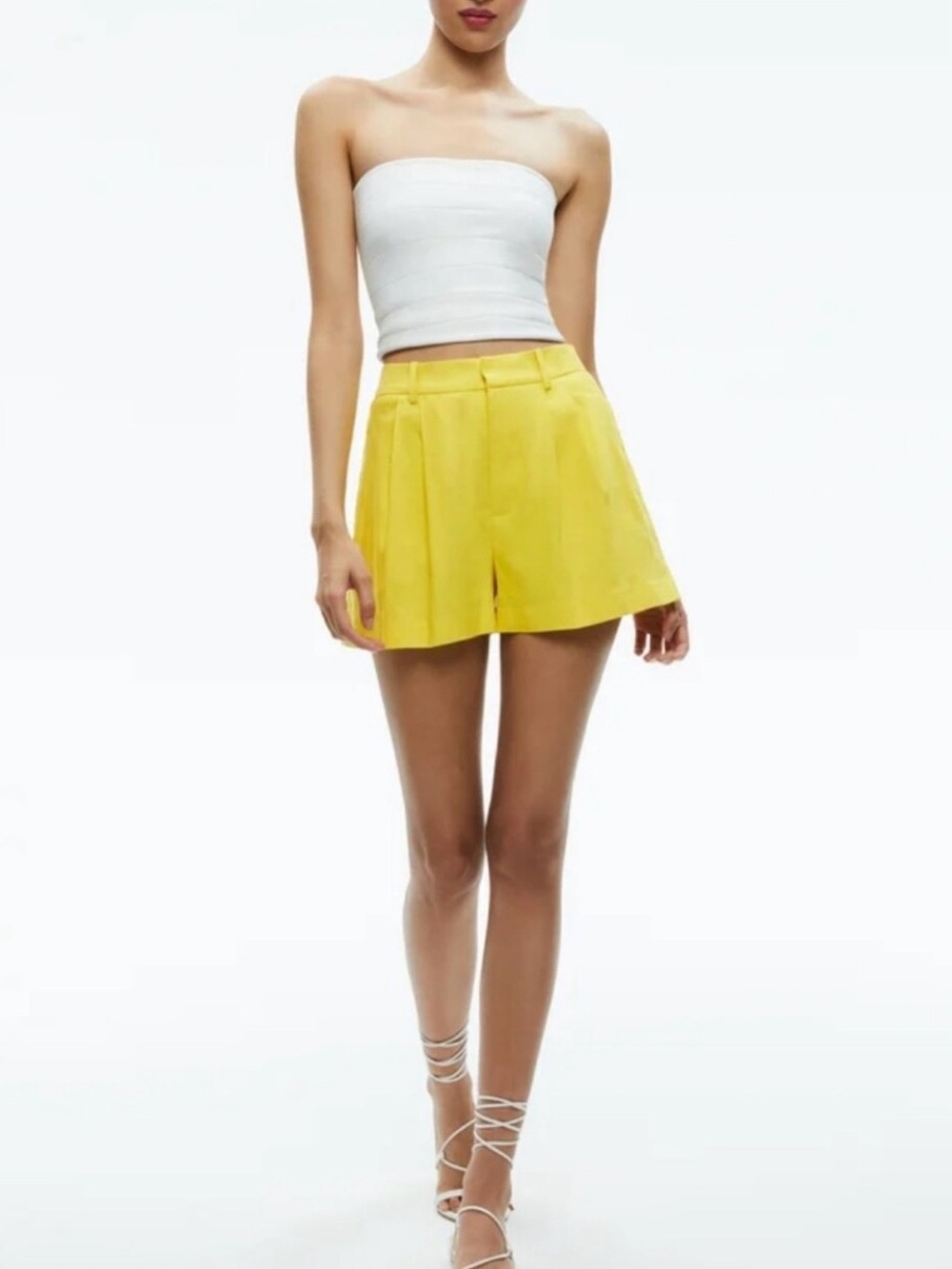 Alice + Olivia Yellow High-Waist Pleated Bermuda Shorts